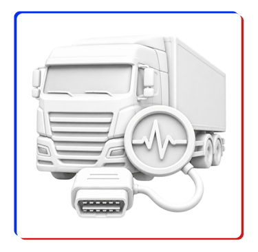 White 3D render of a heavy truck with an OBD2 diagnostic scanner plug and heart rate monitor icon.