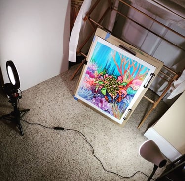 Photo of a canvas painting in a very homemade photography setup
