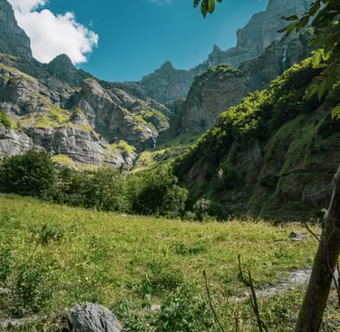 a mountain scene with a view of a valley