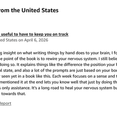A 5-star customer review for a paperback workbook about rewiring the nervous system through writing.