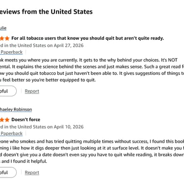 Five-star Amazon customer reviews for a smoking cessation book about quitting tobacco.