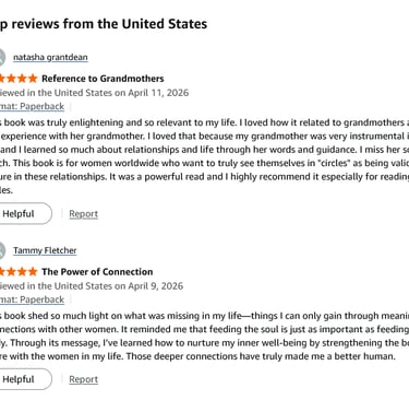 Positive Amazon customer book reviews for a paperback edition about meaningful female relationships and grandmothers.