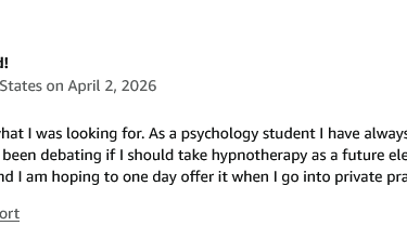 Positive five-star Amazon customer review for a hypnotherapy book from a psychology student.
