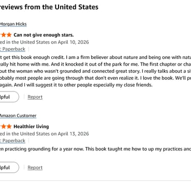 Screenshot of positive Amazon book reviews about grounding, nature, and healthier living.