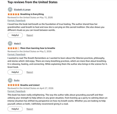 Customer reviews of the paperback book The Breath Remembers featuring five-star ratings and testimonials.