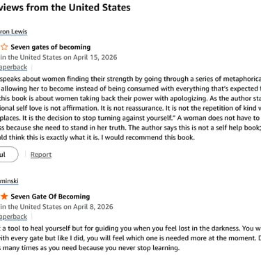 A screenshot of positive customer reviews for the paperback book Seven Gates of Becoming.