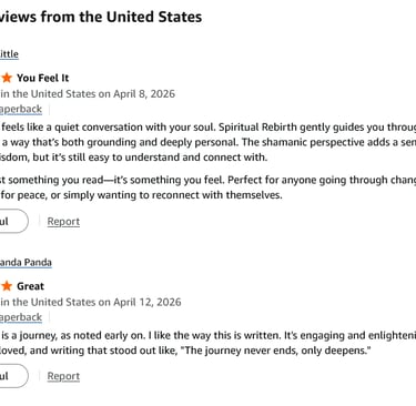 Screenshot of positive five-star customer reviews for a paperback book titled Spiritual Rebirth.