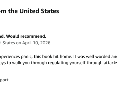 Five-star Amazon customer review for a paperback book about managing panic attacks and anxiety.