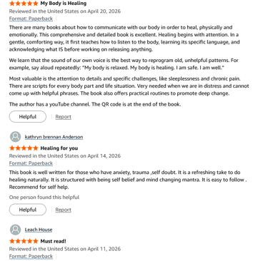 Customer reviews for a wellness book on healing, trauma, and somatic knowledge on an e-commerce page.