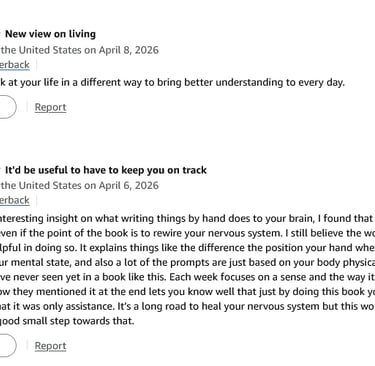 Five-star Amazon customer reviews for a paperback workbook about nervous system healing and mindfulness.