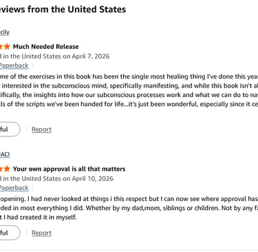 Positive five-star Amazon customer reviews for a paperback book about manifesting and subconscious mind healing.