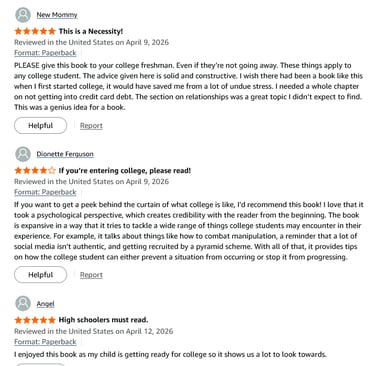 Customer reviews of a college prep book for freshmen, featuring five-star ratings and positive feedback.