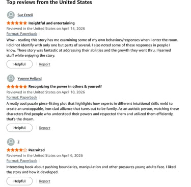 Customer reviews for a paperback book showing five-star ratings and positive feedback on plot and characters.