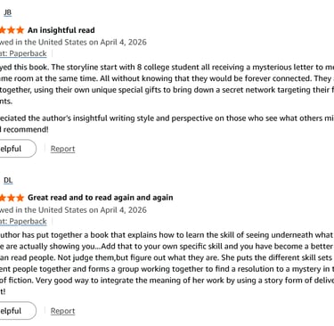 Screenshot of five-star customer reviews for a paperback mystery novel about college students.
