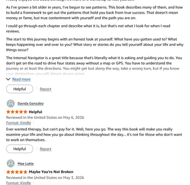 Screenshot of positive Amazon reviews for a self-help book titled The Internal Navigator by Guzalia Davis.