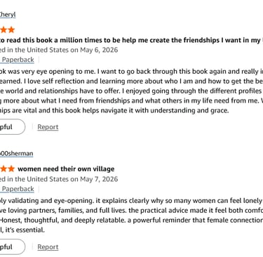 Five-star Amazon customer reviews for a self-help book about women's friendships and female connection.