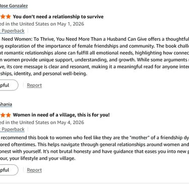 Five-star Amazon book reviews for Women Need Women highlighting female friendship and community.