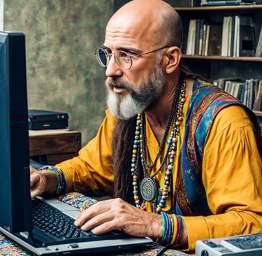Playground AI generated image of a bald old hippie talking to computer