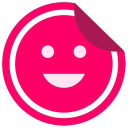 A pink circular sticker with a smiling face and a peeling corner on a black background.