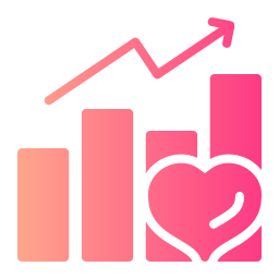 Pink bar chart and growth arrow icon featuring a heart symbol to represent positive health data trends.