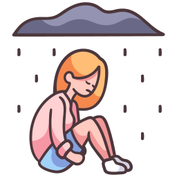 Sad woman sitting under a dark rain cloud representing mental health and depression symptoms.