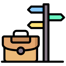 Flat icon of a tan briefcase next to a directional signpost representing business travel and career path.