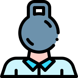 A flat icon illustration of a person with a heavy kettlebell weight replacing their head.