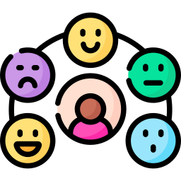 Flat icon illustration showing human mood and emotional intelligence with colorful emoji faces.
