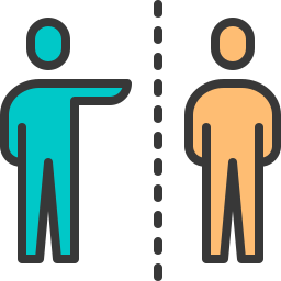 Flat icon of two people separated by a dashed line representing social distancing or segregation.