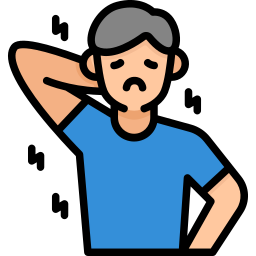 Flat icon of a sad man in a blue shirt rubbing his neck to show muscle pain or stress.
