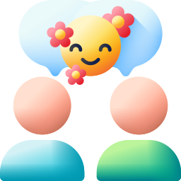 Two people having a positive conversation with a smiling face and flowers in a speech bubble.