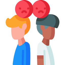Flat illustration of two people standing back-to-back with red sad face emojis above their heads.