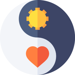 A yin and yang symbol illustrating balance, with a golden gear representing logic and a red heart symbolizing emotion.