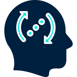 Icon of a human head with arrows cycling in a brain, representing continuous learning, feedback loops, and iterative