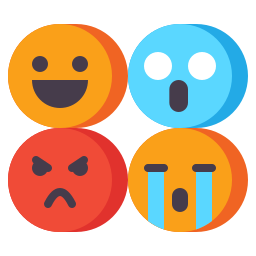 Four colorful round emoji icons showing happy, surprised, angry, and crying facial expressions.