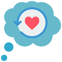 A blue thought bubble icon containing a red heart and a circular reload arrow symbol.