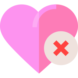 A pink heart icon with a red X mark overlay, representing a broken heart or dislike button.