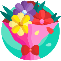 Colorful flat design floral bouquet with red, yellow, and purple flowers in pink wrapping.