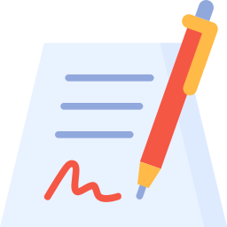 Flat design icon of a signed document and a red pen for legal contract agreement.