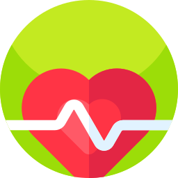 Heart rate monitor icon with a red heart and pulse line on a green circle background.