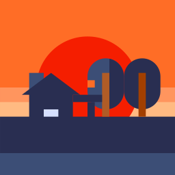 Flat design illustration of a house silhouette and trees against a vibrant sunset sky.