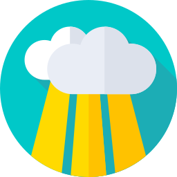 Flat design icon of white clouds with yellow sun rays on a teal circle background.