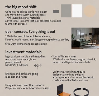 Infographic showing interior design trends for 2026, featuring warm neutrals and sensory luxury decor.