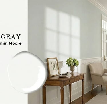 Benjamin Moore Distant Gray OC-68 paint color on hallway walls with white wainscoting and elegant decor.
