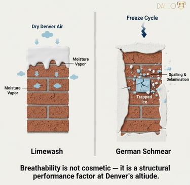 Diagram showing how breathable limewash protects brick from freeze cycle spalling and delamination.