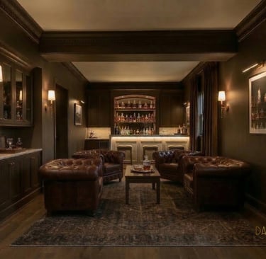 Elegant home basement bar lounge with leather chesterfield chairs and a back-lit liquor shelf.