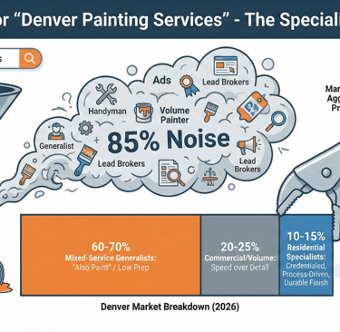 Infographic showing the Denver painting services market breakdown: 60-70% generalists, 20-25% commer