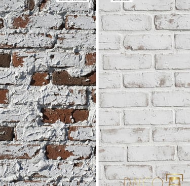 Comparison of textured German Schmear mortar on red brick versus a smooth white limewash finish.