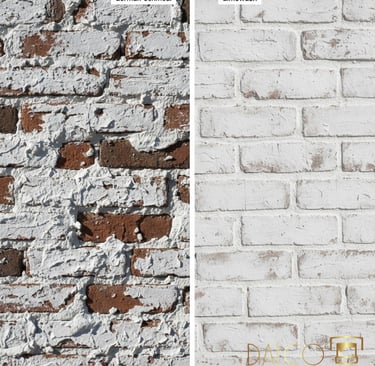 A side-by-side visual comparison showing the textured German Schmear technique versus a smooth Limewash finish on red brick.
