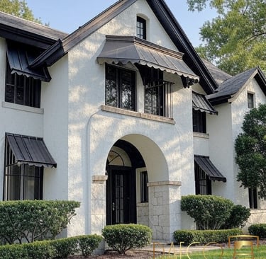 a white house with black shutters and a black awning South Park Hill Denver DAECO PAINTING